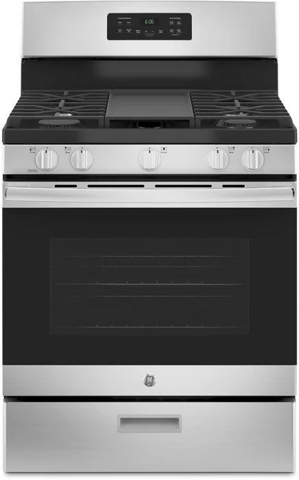 GE 30” (5.0 Cu.Ft) Gas Range Stove with Steam clean & Precise Simmer Burner Broil drawer Oven in Stainless Steel