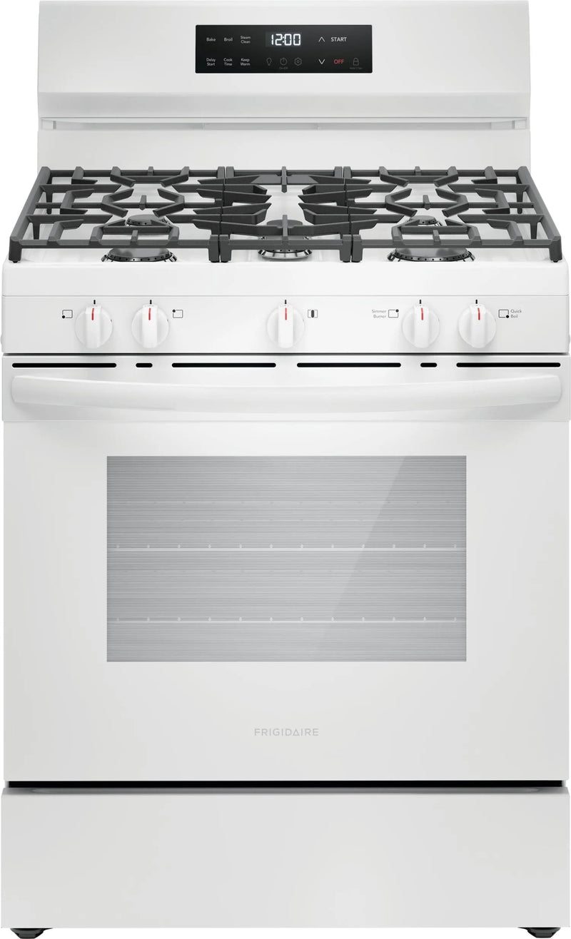 Frigidaire 30” (5.1 Cu.Ft) Gas Range Stove 5 Burner Quick Boil Cooktop with Even Bake technology and Steam Clean (White)