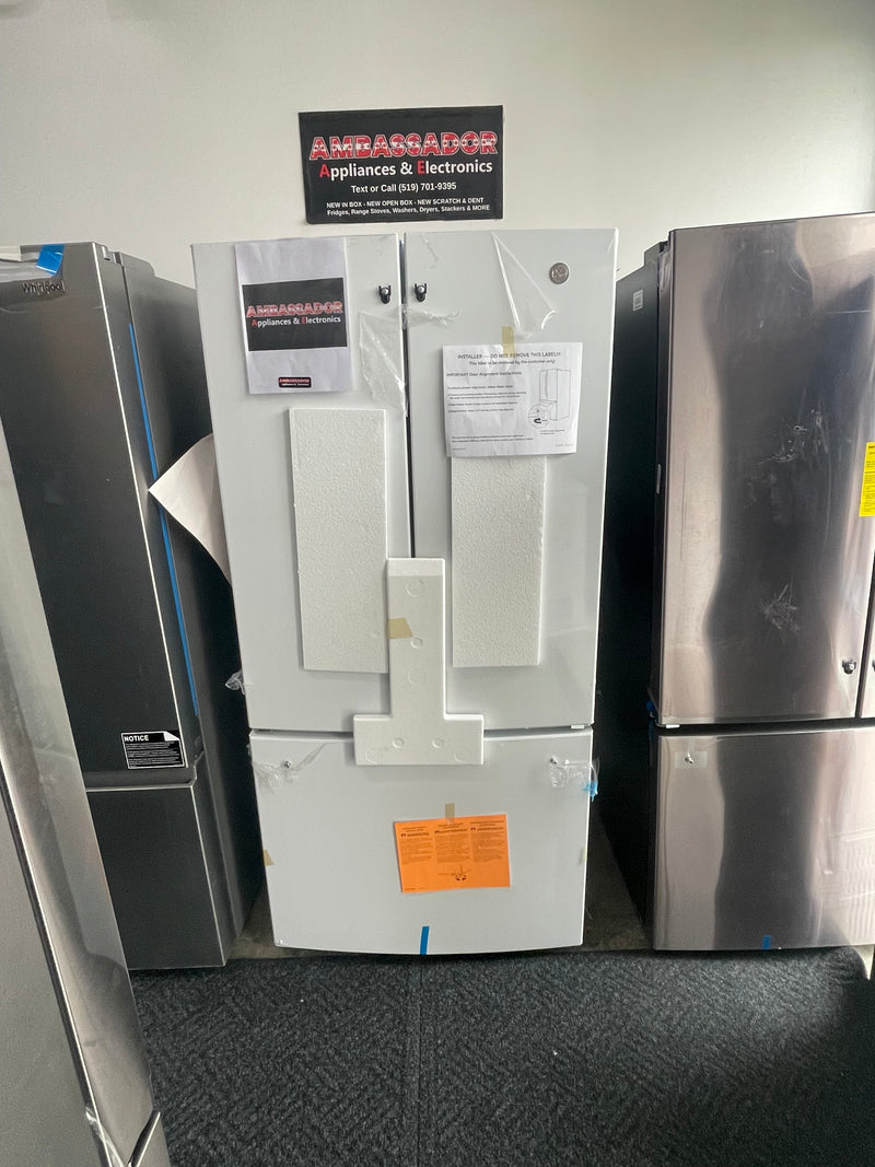 GE 33” (18.6 Cu.Ft) Counter Depth French Door Refrigerator (White) internal Water & Ice